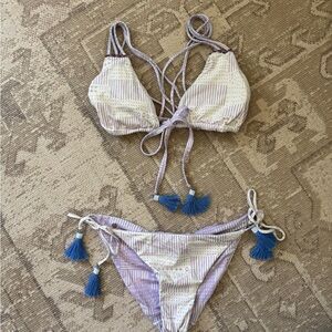 Dolce vita tie front crochet and tassel Cream String Bikini Set